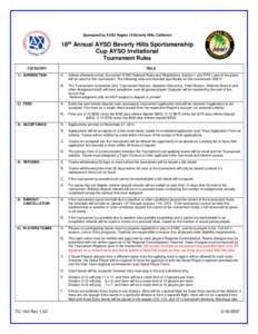 Sponsored by AYSO Region 76 Beverly Hills, California  18th Annual AYSO Beverly Hills Sportsmanship Cup AYSO Invitational Tournament Rules CATEGORY