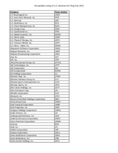 (Acceptable) Listing of U.S. Industries for Filing Year 2014 Company U S Neurological Inc U.S. Auto Parts Network, Inc. U.S. Bancorp U.S. Biodefense, Inc