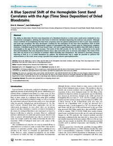 A Blue Spectral Shift of the Hemoglobin Soret Band Correlates with the Age (Time Since Deposition) of Dried Bloodstains Erin K. Hanson1, Jack Ballantyne1,2* 1 National Center for Forensic Science, Orlando, Florida, Unite