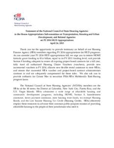 National Council of State Housing Agencies Statement of the National Council of State Housing Agencies to the House Appropriations Subcommittee on Transportation, Housing and Urban Development, and Related Agencies