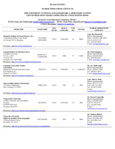 Revised: [removed]MARINE OPERATIONS CONTACTS THE UNIVERSITY-NATIONAL OCEANOGRPAHIC LABORATORY SYSTEM LIST OF RESEARCH VESSELS OPERATED BY UNOLS INSTITUTIONS Research Vessel Operators Committee (RVOC) RVOC Chair, Joe Mal