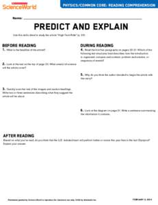 physics/common core: reading comprehension Name: predict and explain  Use this skills sheet to study the article “High-Tech Ride” (p. 20).