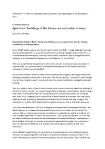 Translation of the German newspaper report published in the Tagesspiegel on 8th of September 2014 Sustainable Buildings  Apartment buildings of the Future are not rocket science