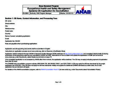 Base Standard Program  Occupational Health and Safety Management Systems CB Application for Accreditation FA 5010