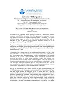 Columbia FDI Perspectives Perspectives on topical foreign direct investment issues by the Columbia Center on Sustainable Investment No. 129 September 2, 2014 Editor-in-Chief: Karl P. Sauvant (