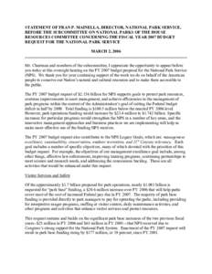 STATEMENT OF FRAN P. MAINELLA, DIRECTOR, NATIONAL PARK SERVICE, BEFORE THE SUBCOMMITTEE ON NATIONAL PARKS OF THE HOUSE RESOURCES COMMITTEE CONCERNING THE FISCAL YEAR 2007 BUDGET REQUEST FOR THE NATIONAL PARK SERVICE MARC