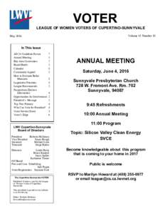 VOTER LEAGUE OF WOMEN VOTERS OF CUPERTINO-SUNNYVALE Volume 43 Number 10 May 2016