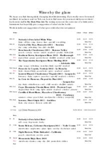 Wines by the glass We hope you find this regularly changing short list interesting. If you really crave for someth not listed, let us know and we’ll do are best to find some for your next visit however there’s loads 