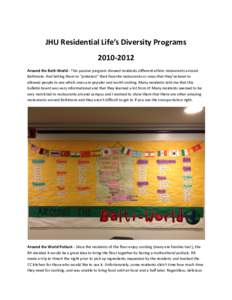    JHU	
  Residential	
  Life’s	
  Diversity	
  Programs	
  	
   2010-­‐2012	
   Around	
  the	
  Balti-­‐World	
  -­‐	
  This	
  passive	
  program	
  showed	
  residents	
  different	
  eth