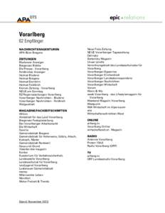 Vorarlberg 62 Empfänger NACHRICHTENAGENTUREN APA-Büro Bregenz ZEITUNGEN Bludenzer Anzeiger