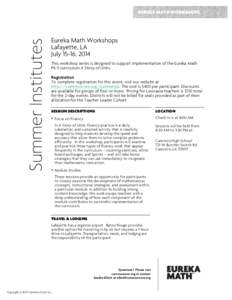 Summer Institutes  EUREKA MATH WORKSHOPS Eureka Math Workshops Lafayette, LA