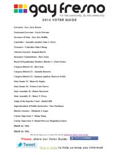 2014 VOTER GUIDE Governor - Gov. Jerry Brown Lieutenant Governor - Gavin Newsom Secretary of State - Sen. Alex Padilla Controller - Assembly member John A. Perez Treasurer - Controller John Chiang