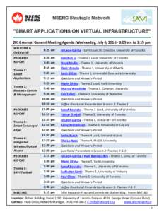 NSERC Strategic Network  “SMART APPLICATIONS ON VIRTUAL INFRASTRUCTURE” 2016 Annual General Meeting Agenda: Wednesday, July 6, :25 am to 3:15 pm WELCOME & OVERVIEW