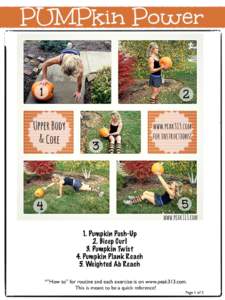 1. Pumpkin Push-Up 2. Bicep Curl 3. Pumpkin Twist 4. Pumpkin Plank Reach 5. Weighted Ab Reach *”How to” for routine and each exercise is on www.peak313.com.