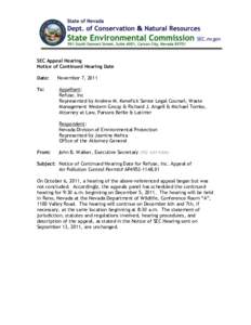 SEC Appeal Hearing Notice of Continued Hearing Date Date: November 7, 2011