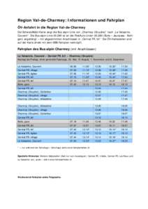 Region Val-de-Charmey: Informationen und Fahrplan ÖV-Anfahrt in die Region Val-de-Charmey Die SchweizMobil-Karte zeigt die Bus alpin-Linie von „Charmey (Gruyère)“ nach „La Valsainte, Couvent“. Die Bus alpin-Lin