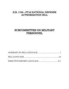 H.R. 1735—FY16 NATIONAL DEFENSE AUTHORIZATION BILL SUBCOMMITTEE ON MILITARY PERSONNEL