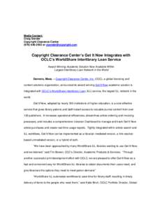 Media Contact: Craig Sender Copyright Clearance Centeror   Copyright Clearance Center’s Get It Now Integrates with