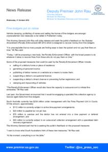 News Release Wednesday, 31 October 2012 Deputy Premier John Rau Attorney General Minister for Planning