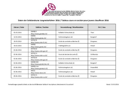 Daten der Sektionskurse JungmotorfahrerTableau cours en section pour jeunes chauffeurs 2016 Datum / Date