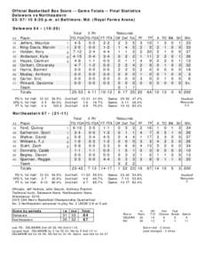 Official Basketball Box Score -- Game Totals -- Final Statistics Delaware vs Northeastern[removed]:30 p.m. at Baltimore, Md. (Royal Farms Arena) Delaware 64 • (10-20) ##