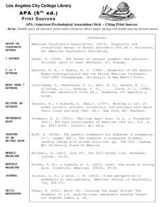 Los Angeles City College Library  APA (6th ed.) Print Sources APA (American Psychological Association) Style - Citing Print Sources Note: Double-space all reference entries unless instructor allows single-spacing with do