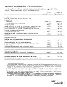 Augmentation des frais exigés pour les services du Ministère À compter du 1er janvier 2014, les frais exigés pour les services du Ministère sont augmentés consulter le tableau ci-dessous pour connaître les nouveau