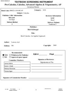 HMCD-1810-BCAP  TEXTBOOK SCREENING INSTRUMENT Pre-Calculus, Calculus, Advanced Algebra & Trigonometry, AP Consensus Review