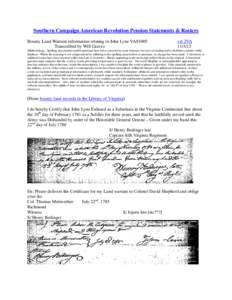 Southern Campaign American Revolution Pension Statements & Rosters Bounty Land Warrant information relating to John Lyne VAS1005 Transcribed by Will Graves vsl 2VA[removed]