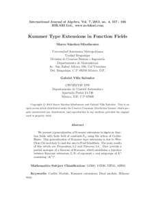 International Journal of Algebra, Vol. 7, 2013, no. 4, HIKARI Ltd, www.m-hikari.com Kummer Type Extensions in Function Fields Marco S´ anchez-Mirafuentes