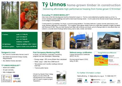 Tŷ Unnos home-grown timber in construction Delivering affordable high performance housing from home-grown C16 timber Evaluating TY UNNOS MODULAR™  Glan Gors is the first development built by Elements Europe Ld. The fo