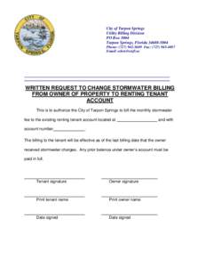 City of Tarpon Springs Utility Billing Division PO Box 5004 Tarpon Springs, FloridaPhone: (Fax: (Email: 