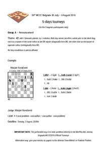59th WCCC Belgrade 30 July – 6 Augustdays tourneys (for the Congress participants only)  Group A – Announcement