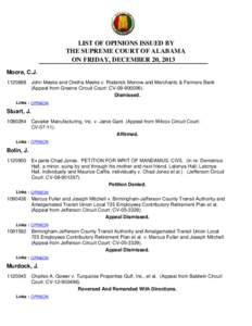 LIST OF OPINIONS ISSUED BY THE SUPREME COURT OF ALABAMA ON FRIDAY, DECEMBER 20, 2013 Moore, C.J[removed]John Meeks and Oretha Meeks v. Roderick Morrow and Merchants & Farmers Bank (Appeal from Greene Circuit Court: CV-0