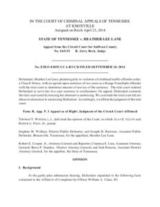 IN THE COURT OF CRIMINAL APPEALS OF TENNESSEE AT KNOXVILLE Assigned on Briefs April 23, 2014 STATE OF TENNESSEE v. HEATHER LEE LANE Appeal from the Circuit Court for Sullivan County No. S61151