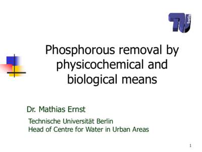 Phosphorous removal by physicochemical and biological means Dr. Mathias Ernst Technische Universität Berlin Head of Centre for Water in Urban Areas