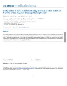 Best practice in nurse-led chemotherapy review: a position statement from the United Kingdom Oncology Nursing Society E Lennan1, C Vidall2, H Roe3, P Jones4, J Smith5, and C Farrell6