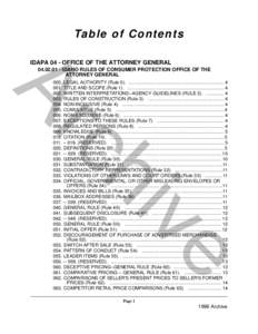 Ta b l e o f C o n t e n t s IDAPA 04 - OFFICE OF THE ATTORNEY GENERAL[removed]IDAHO RULES OF CONSUMER PROTECTION OFFICE OF THE ATTORNEY GENERAL  e