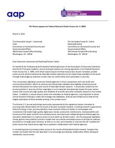 aap RE: Please oppose the Federal Research Public Access Act, S[removed]March 5, 2012  The Honorable Joseph I. Lieberman