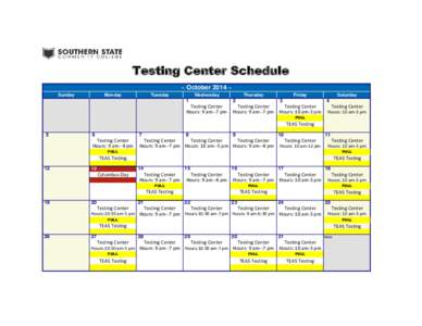 Testing Center Schedule ~ October 2014 ~ Sunday Monday