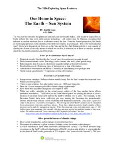 The 2006 Exploring Space Lectures  Our Home in Space: The Earth – Sun System Dr. Judith Lean