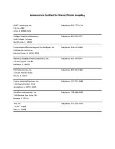 Laboratories	
  Certified	
  for	
  Nitrate/Nitrite	
  Sampling	
   	
   ARRO	
  Laboratory,	
  Inc.	
   	
   P.O.	
  Box	
  686	
   Joliet,	
  IL	
  60434-­‐0686	
  