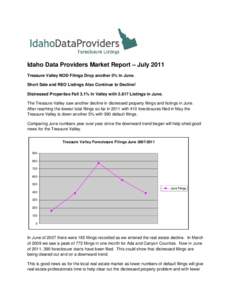    Idaho Data Providers Market Report – July 2011 Treasure Valley NOD Filings Drop another 5% In June. Short Sale and REO Listings Also Continue to Decline! Distressed Properties Fall 3.1% In Valley with 3,617 Listing