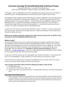 Insurance Coverage for Breastfeeding Help and Breast Pumps Prepared by MilkWorks, a non-profit breastfeeding center. Please note this information is subject to change. Last update: October 14, 2013. As of August 1, 2012,