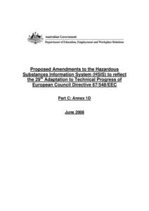 Proposed Amendments to the Hazardous Substances Information System (HSIS) to reflect the 29th Adaptation to Technical Progress of European Council Directive[removed]EEC Part C: Annex 1D