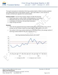 Illicit Drug Overdose Deaths in BC January 1, 2007 – October 31, 2016 This report summarizes all unintentional illicit drug overdose deaths in British Columbia (accidental and undetermined) that occurred between Januar