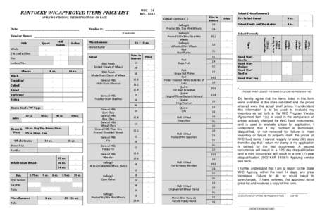 WIC – 24 Rev[removed]KENTUCKY WIC APPROVED ITEMS PRICE LIST APPLYING VENDORS, SEE INSTRUCTIONS ON BACK