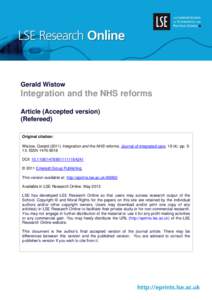 Gerald Wistow  Integration and the NHS reforms Article (Accepted version) (Refereed) Original citation: