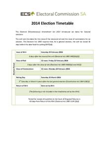 2014 Election Timetable The Electoral (Miscellaneous) Amendment Act 2013 introduced set dates for General elections. The writ sets the dates for the close of the electoral roll and the close of nominations for an electio