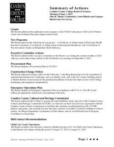 Summary of Actions Camden County College Board of Trustees Meeting of June 1, 2012 Otto R. Mauke Community Center/Blackwood Campus Blackwood, New Jersey